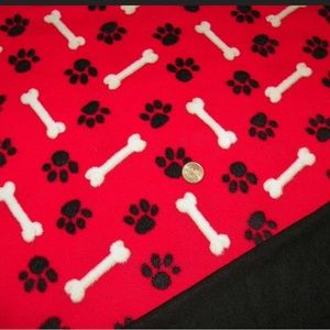 Dog Blanket Red with Black Paws White Bones Double Fleece size L-XL. 29”x34”